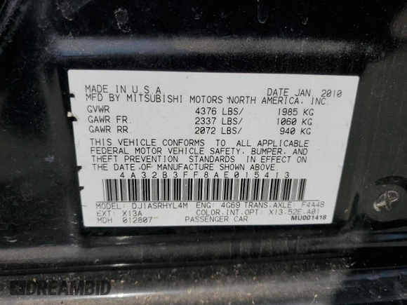 2010 Mitsubishi Galant ES with VIN 4A32B3FF8AE015413, listed as a Copart auction lot 59133564 with 78,474 mi miles and Clean Title. Bid and sale history available at carsss.com. Image 12.