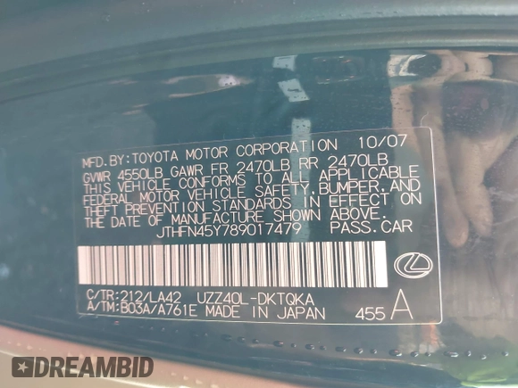 2008 Lexus SC 430 with VIN JTHFN45Y789017479, listed as a IAAI auction lot 40056777 with 148,076 mi miles and . Bid and sale history available at DreamBid. Image 9.