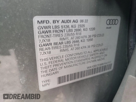 2022 Audi Q3 S line Premium with VIN WA1DECF39N1141117, listed as a Copart auction lot 46456245 with 30,705 mi miles and Salvage Title. Bid and sale history available at carsss.com. Image 13.