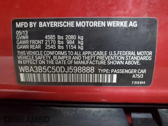 2013 BMW 3 Series 328i xDrive z VIN WBA3B5C50DJ598888, wystawiony jako Copart lot #45174945 z przebiegiem Nie podano mil oraz Szkoda całkowita • Salvage title. Historia ofert i sprzedaży dostępna na DreamBid. Obrazek 12.