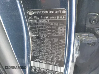 2015 Land Rover Range Rover Evoque Prestige with VIN SALVV2BG9FH992381, listed as a IAAI auction lot 42193926 with 94,135 mi miles and . Bid and sale history available at DreamBid. Image 9.
