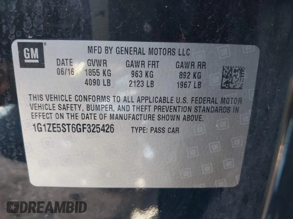 2016 Chevrolet Malibu LT with VIN 1G1ZE5ST6GF325426, listed as a IAAI auction lot 41821940 with 100,000 mi miles and . Bid and sale history available at DreamBid. Image 9.