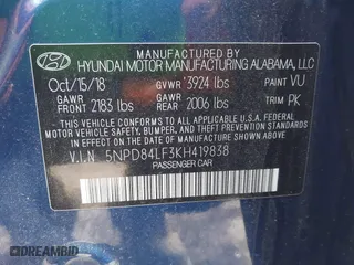 2019 Hyundai Elantra SEL with VIN 5NPD84LF3KH419838, listed as a IAAI auction lot 41915836 with 81,883 mi miles. Bid and sale history available at carsss.com. Image 9.