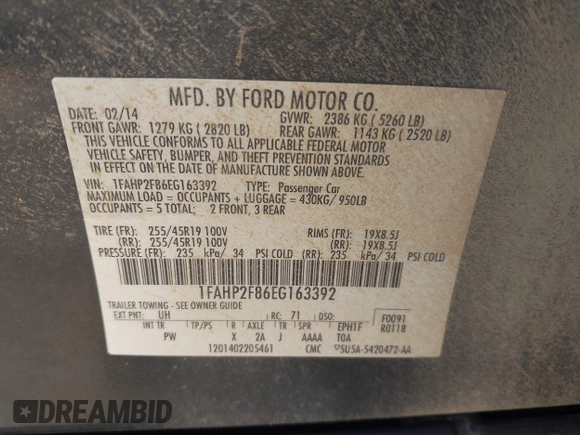2014 Ford Taurus Limited with VIN 1FAHP2F86EG163392, listed as a IAAI auction lot 42538336 with 131,910 mi miles and . Bid and sale history available at DreamBid. Image 9.