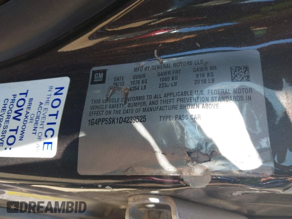2013 Buick Verano with VIN 1G4PP5SK1D4239525, listed as a IAAI auction lot 42820880 with Not provided miles and . Bid and sale history available at DreamBid. Image 9.