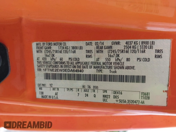 2014 Ford Econoline Cargo Commercial with VIN 1FTNE2EW3EDA64940, listed as a IAAI auction lot 42475161 with 188,421 mi miles and . Bid and sale history available at DreamBid. Image 9.