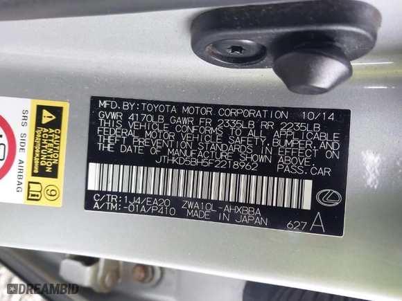 2015 Lexus CT 200h Hybrid with VIN JTHKD5BH5F2218962, listed as a IAAI auction lot 41624910 with 71,500 mi miles. Bid and sale history available at carsss.com. Image 9.