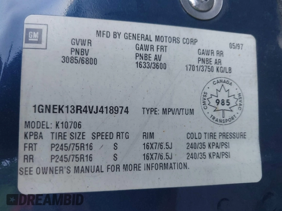 1997 Chevrolet Tahoe z VIN 1GNEK13R4VJ418974, wystawiony jako IAAI lot #41560411 z przebiegiem 198 170 mil mil oraz . Historia ofert i sprzedaży dostępna na DreamBid. Obrazek 9.