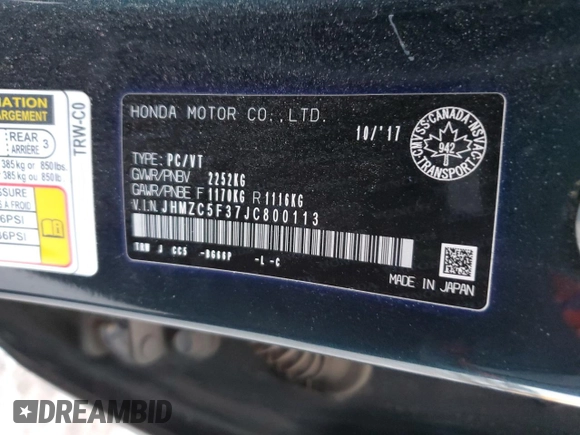 2018 Honda Clarity Plug-In Hybrid Touring with VIN JHMZC5F37JC800113, listed as a Copart auction lot 85114164 with 72,179 mi miles and Salvage Title. Bid and sale history available at carsss.com. Image 13.