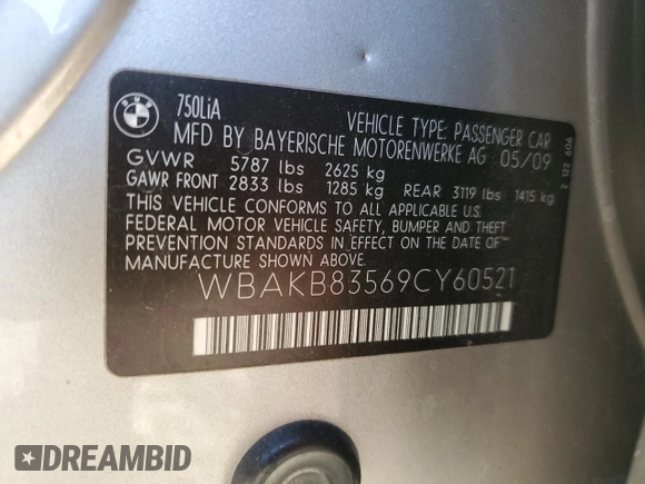 2009 BMW 7 Series 750Li with VIN WBAKB83569CY60521, listed as a Copart auction lot 82050884 with 142,788 mi miles and Salvage Title. Bid and sale history available at DreamBid. Image 14.