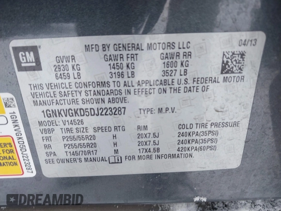2013 Chevrolet Traverse LT with VIN 1GNKVGKD5DJ223287, listed as a IAAI auction lot 41510947 with 146,094 mi miles and . Bid and sale history available at DreamBid. Image 9.
