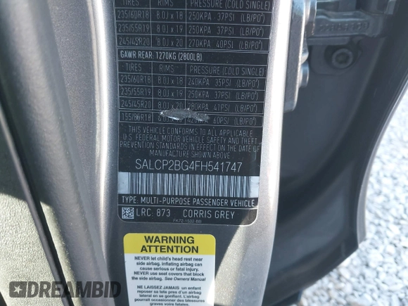 2015 Land Rover Discovery Sport SE with VIN SALCP2BG4FH541747, listed as a IAAI auction lot 41843845 with 97,795 mi miles and . Bid and sale history available at DreamBid. Image 9.