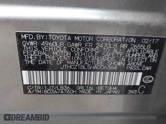 2017 Lexus GS 350 z VIN JTHCZ1BL5HA006364, wystawiony jako IAAI lot #42225748 z przebiegiem 118 542 mil mil oraz . Historia ofert i sprzedaży dostępna na DreamBid. Obrazek 9.