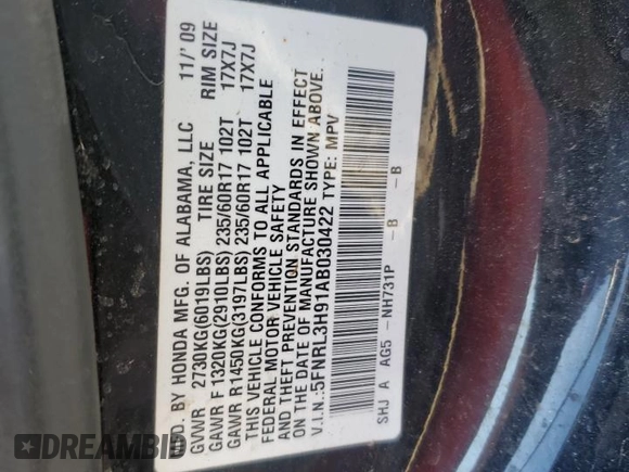 2010 Honda Odyssey Touring with VIN 5FNRL3H91AB030422, listed as a Copart auction lot 88737745 with 0 mi miles and Salvage Title. Bid and sale history available at carsss.com. Image 15.