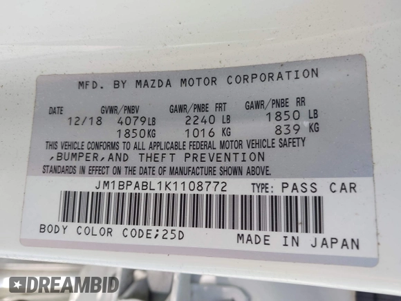 2019 Mazda 3 with VIN JM1BPABL1K1108772, listed as a IAAI auction lot 42553949 with 133,203 mi miles and . Bid and sale history available at DreamBid. Image 9.