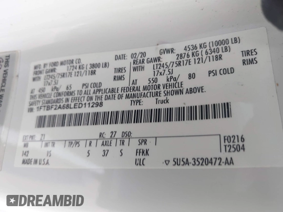 2020 Ford F-250 XL with VIN 1FTBF2A68LED11298, listed as a IAAI auction lot 42556384 with 103,968 mi miles and . Bid and sale history available at DreamBid. Image 9.