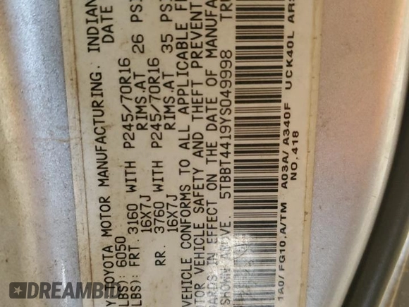 2000 Toyota Tundra SR5 with VIN 5TBBT4419YS049998, listed as a Copart auction lot 48729415 with 427,311 mi miles and Salvage Title. Bid and sale history available at DreamBid. Image 12.