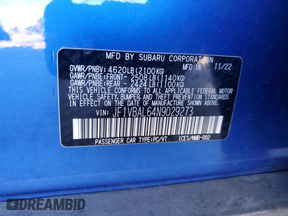 2022 Subaru WRX Limited z VIN JF1VBAL64N9029273, wystawiony jako Copart lot #50640985 z przebiegiem 17 265 mil mil oraz Szkoda całkowita • Salvage title. Historia ofert i sprzedaży dostępna na DreamBid. Obrazek 14.