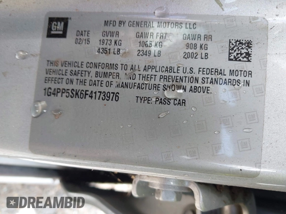 2015 Buick Verano with VIN 1G4PP5SK6F4173976, listed as a IAAI auction lot 41991497 with 173,579 mi miles. Bid and sale history available at carsss.com. Image 9.