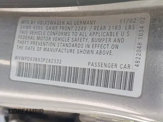 2003 Volkswagen Passat GLS z VIN WVWPD63B93P282332, wystawiony jako IAAI lot #42710298 z przebiegiem 206 409 mil mil oraz . Historia ofert i sprzedaży dostępna na DreamBid. Obrazek 9.