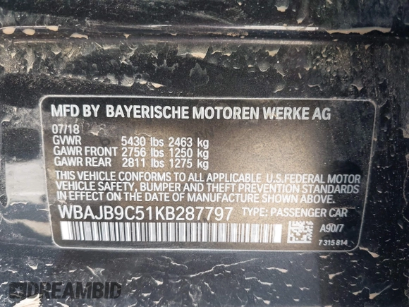 2019 BMW 5 Series M550i xDrive with VIN WBAJB9C51KB287797, listed as a IAAI auction lot 41549311 with 61,459 mi miles and . Bid and sale history available at DreamBid. Image 9.