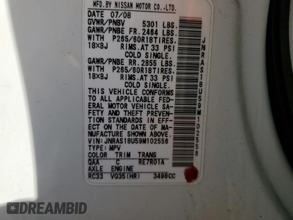2009 Infiniti FX z VIN JNRAS18U59M102556, wystawiony jako Copart lot #86925744 z przebiegiem 164 802 mil mil oraz Szkoda całkowita • Salvage title. Historia ofert i sprzedaży dostępna na DreamBid. Obrazek 12.