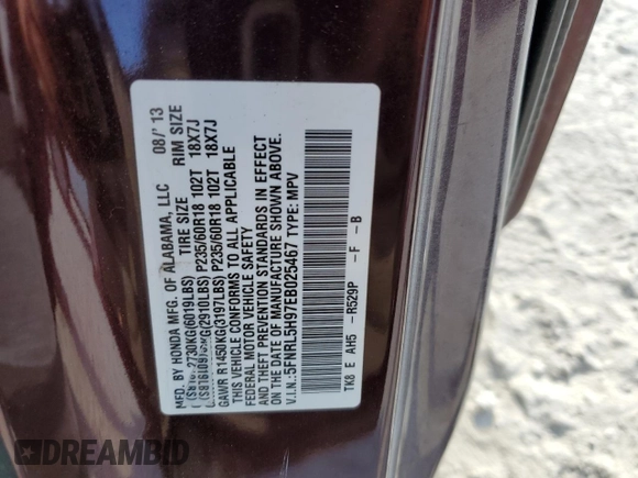 2014 Honda Odyssey Touring with VIN 5FNRL5H97EB025467, listed as a Copart auction lot 53730875 with 209,851 mi miles and Clean Title. Bid and sale history available at carsss.com. Image 13.