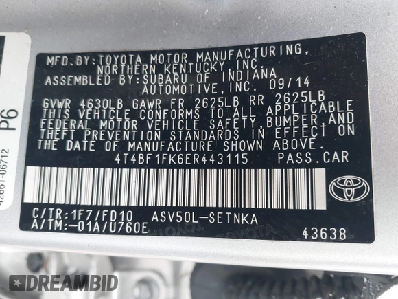 2014 Toyota Camry L with VIN 4T4BF1FK6ER443115, listed as a IAAI auction lot 41554763 with 54,663 mi miles. Bid and sale history available at carsss.com. Image 9.
