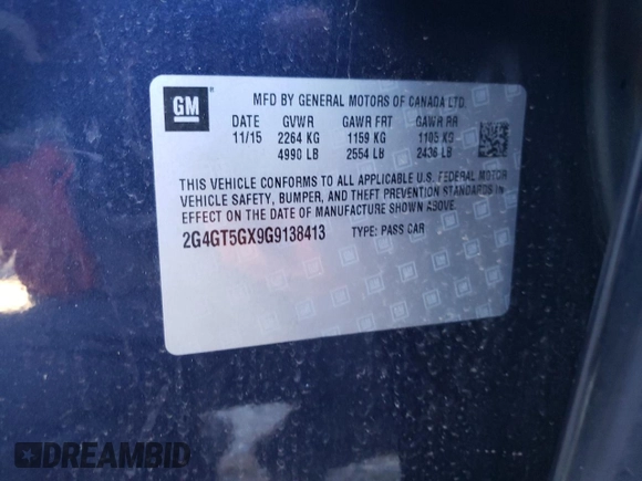 2016 Buick Regal Premium II with VIN 2G4GT5GX9G9138413, listed as a Copart auction lot 71134914 with 109,138 mi miles and Salvage Title. Bid and sale history available at carsss.com. Image 14.