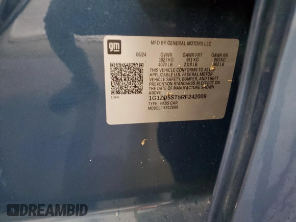 2024 Chevrolet Malibu LT with VIN 1G1ZD5ST5RF242009, listed as a Copart auction lot 53167705 with 18,259 mi miles and Salvage Title. Bid and sale history available at DreamBid. Image 12.