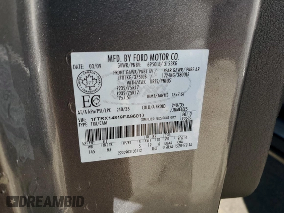 2009 Ford F-150 STX with VIN 1FTRX14849FA96010, listed as a Copart auction lot 42634945 with 104,935 mi miles and Non Repairable. Bid and sale history available at DreamBid. Image 12.
