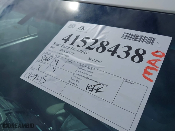 2007 Chevrolet Malibu LTZ with VIN 1G1ZU57N77F175100, listed as a IAAI auction lot 41528438 with 209,215 mi miles. Bid and sale history available at carsss.com. Image 18.