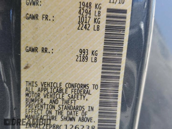 2011 Nissan Altima 2.5 S with VIN 1N4AL2EP8BC126238, listed as a Copart auction lot 53659465 with 66,599 mi miles and Salvage Title. Bid and sale history available at carsss.com. Image 12.