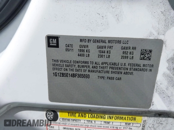 2011 Chevrolet Malibu 1LS with VIN 1G1ZB5E14BF365693, listed as a IAAI auction lot 41950714 with 134,507 mi miles and . Bid and sale history available at DreamBid. Image 9.