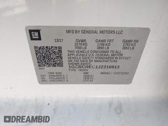 2018 Chevrolet Silverado 1500 LT with VIN 1GCRCREC1JZ216913, listed as a IAAI auction lot 41654018 with 172,754 mi miles and . Bid and sale history available at DreamBid. Image 9.