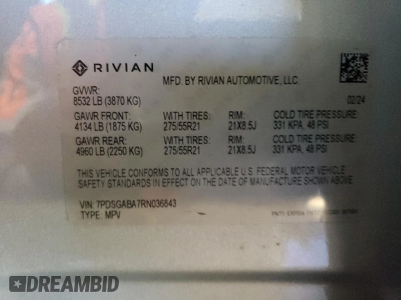2024 Rivian R1S Adventure with VIN 7PDSGABA7RN036843, listed as a Copart auction lot 88799175 with Not Provided miles and Salvage Title. Bid and sale history available at carsss.com. Image 13.