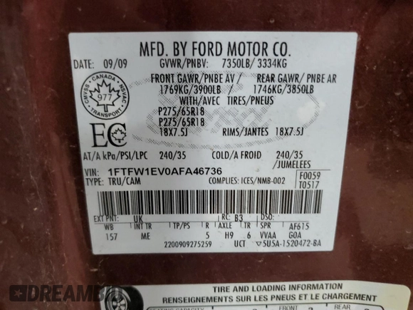 2010 Ford F-150 XL with VIN 1FTFW1EV0AFA46736, listed as a Copart auction lot 52701115 with 201,247 mi miles and Clean Title. Bid and sale history available at carsss.com. Image 12.
