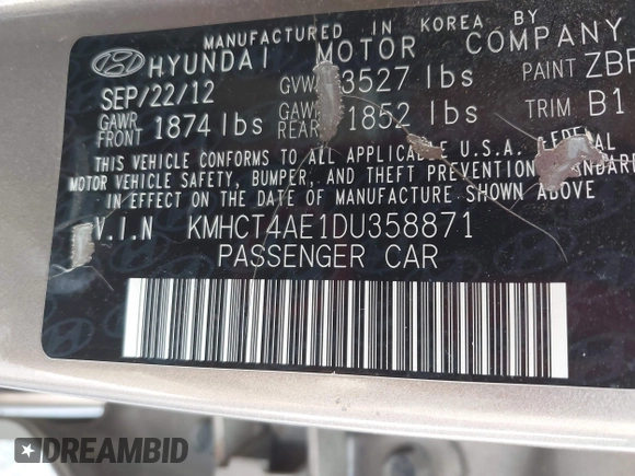 2013 Hyundai Accent GLS with VIN KMHCT4AE1DU358871, listed as a IAAI auction lot 42373080 with 150,443 mi miles and . Bid and sale history available at DreamBid. Image 9.