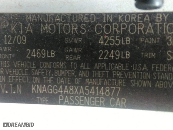 2010 Kia Optima LX with VIN KNAGG4A8XA5414877, listed as a IAAI auction lot 41929987 with 138,279 mi miles. Bid and sale history available at carsss.com. Image 9.