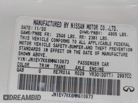 2021 Infiniti Q60 Luxe with VIN JN1EV7KK6MM410673, listed as a IAAI auction lot 39676284 with 40,006 mi miles and . Bid and sale history available at DreamBid. Image 9.