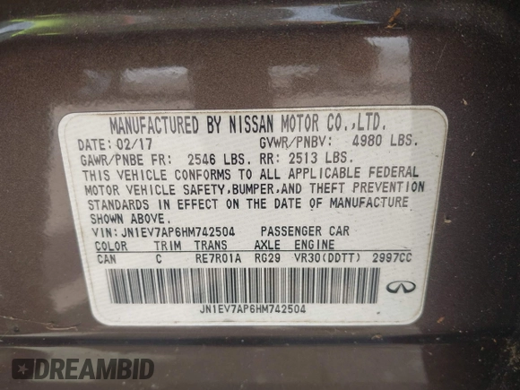 2017 Infiniti Q50 Premium with VIN JN1EV7AP6HM742504, listed as a IAAI auction lot 42625916 with 56,913 mi miles and . Bid and sale history available at DreamBid. Image 9.