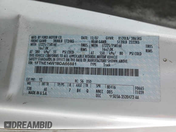 2008 Ford Econoline Cargo Commercial with VIN 1FTNE14W18DA66881, listed as a Copart auction lot 48191665 with 229,760 mi miles and Salvage title. Bid and sale history available at DreamBid. Image 13.