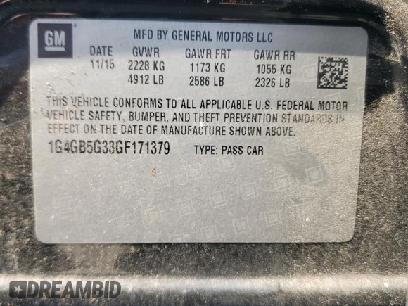2016 Buick LaCrosse Leather with VIN 1G4GB5G33GF171379, listed as a Copart auction lot 61214555 with 108,947 mi miles and Salvage title. Bid and sale history available at DreamBid. Image 13.