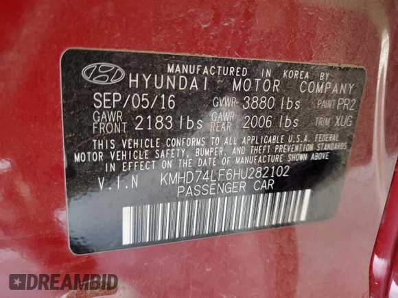 2017 Hyundai Elantra SE with VIN KMHD74LF6HU282102, listed as a Copart auction lot 57841005 with 94,024 mi miles and Salvage title. Bid and sale history available at DreamBid. Image 13.
