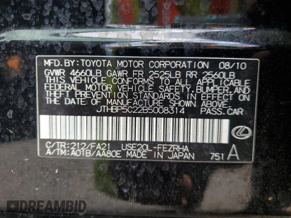 2011 Lexus IS F F z VIN JTHBP5C22B5008314, wystawiony jako Copart lot #78476894 z przebiegiem 47 673 mil mil oraz Tytuł czysty. Historia ofert i sprzedaży dostępna na DreamBid. Obrazek 14.