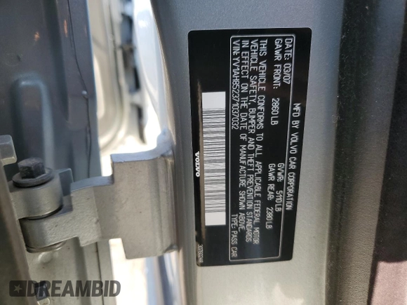 2007 Volvo S80 V8 z VIN YV1AH852371037032, wystawiony jako Copart lot #84233774 z przebiegiem 133 873 mil mil oraz Szkoda całkowita • Salvage title. Historia ofert i sprzedaży dostępna na DreamBid. Obrazek 14.