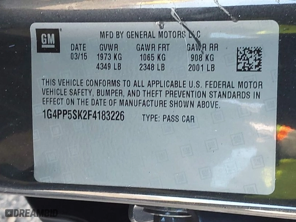 2015 Buick Verano with VIN 1G4PP5SK2F4183226, listed as a IAAI auction lot 41767484 with 116,323 mi miles. Bid and sale history available at carsss.com. Image 9.