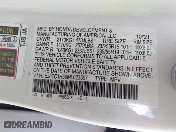 2021 Acura RDX Technology with VIN 5J8TC1H59ML023597, listed as a IAAI auction lot 41938661 with 43,441 mi miles and . Bid and sale history available at DreamBid. Image 9.