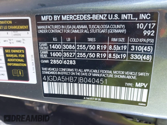 2018 Mercedes-Benz GLE 350 with VIN 4JGDA5HB7JB040451, listed as a IAAI auction lot 41575049 with 85,306 mi miles and . Bid and sale history available at DreamBid. Image 9.