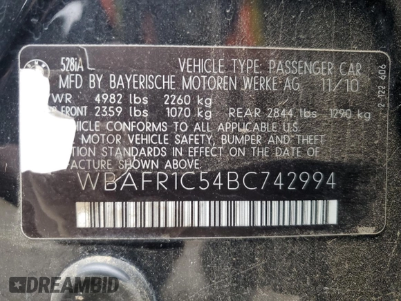 2011 BMW 5 Series 528i with VIN WBAFR1C54BC742994, listed as a Copart auction lot 53649945 with 133,314 mi miles and Salvage Title. Bid and sale history available at carsss.com. Image 13.